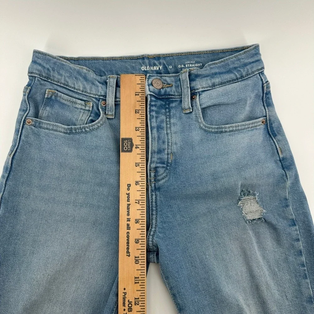 Old Navy O.G. Straight Jeans Girls 12 Blue Denim High-Rise Button Fly Distressed